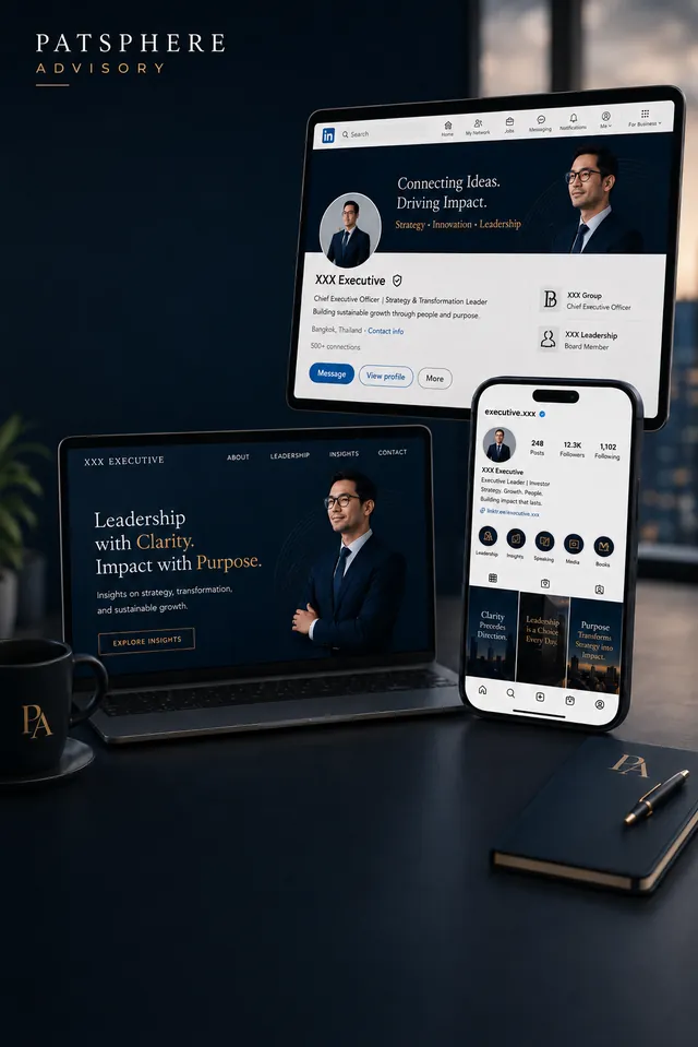 PATSPHERE executive branding ecosystem across website, LinkedIn and Instagram