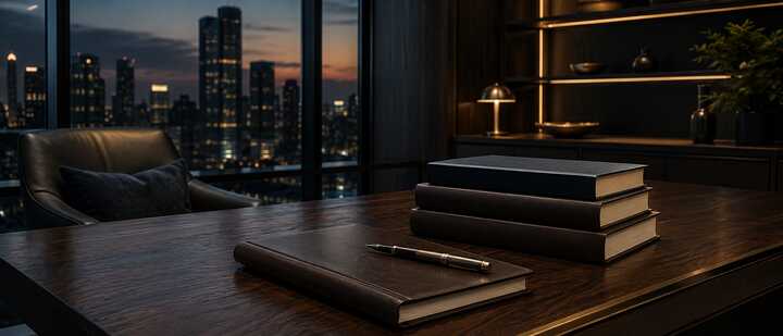 Executive workspace with notebook, pen, and city view