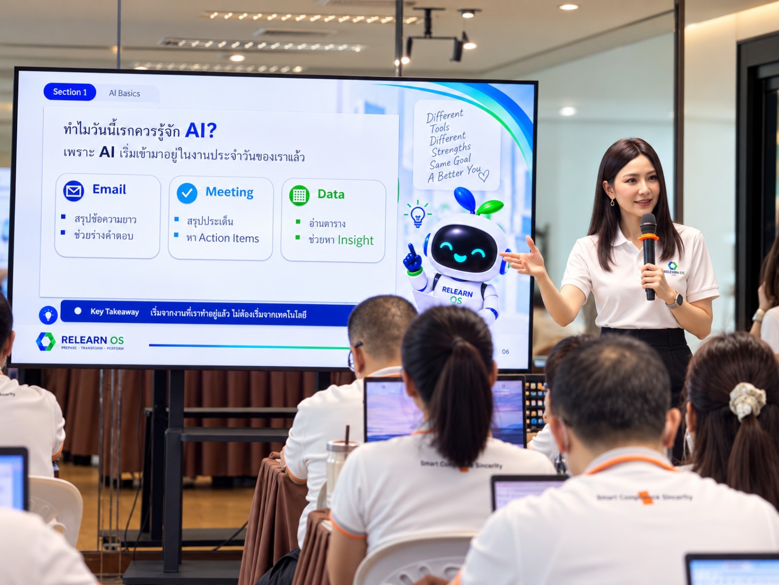 Phatshanant speaking to QPM participants during an AI foundations session